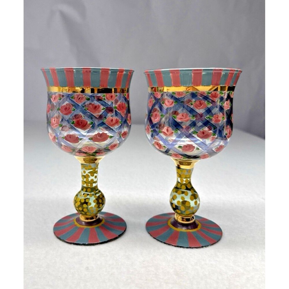 MacKenzie Childs Circus Rose Arbor Tall Water Goblets Pair Retired Vintage